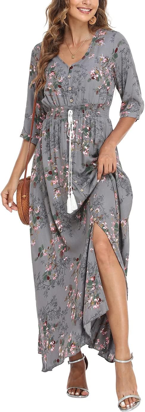 VOGMATE Damen Lange Split Knopf Up Sommer Maxikleid Floral Strandwear Holidy Kleid Hohe Taille mit k
