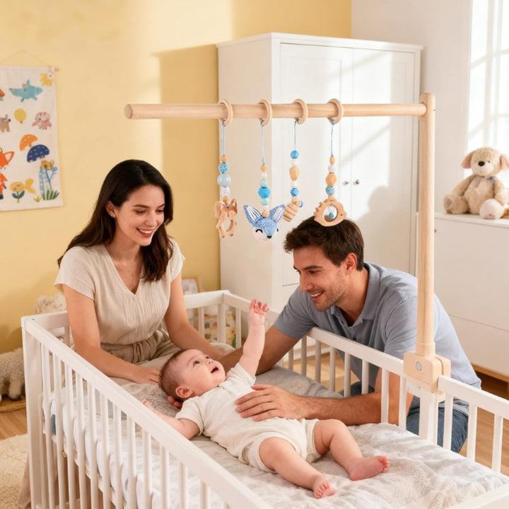 4 Stück Spielebogen Babies Holz, Spieltrapez Baby, Baby Gym Holz, Anhänger Spielbogen, für Mädchen J