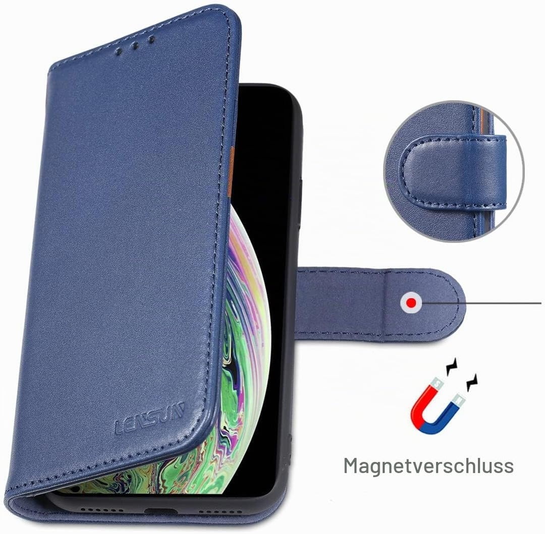 LENSUN Echtleder Hülle für iPhone XS, iPhone X Handyhülle Flip Cover [Echtes Leder][Kartenfach][RFID