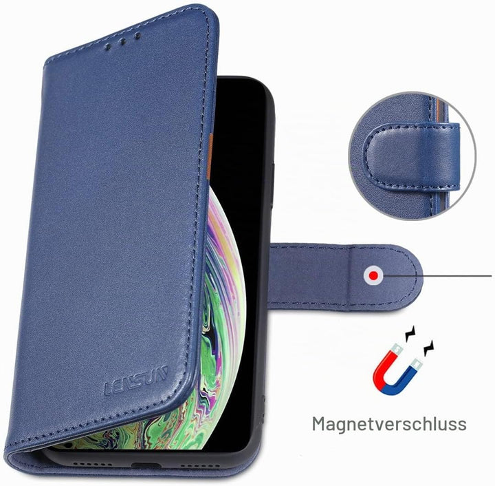 LENSUN Echtleder Hülle für iPhone XS, iPhone X Handyhülle Flip Cover [Echtes Leder][Kartenfach][RFID