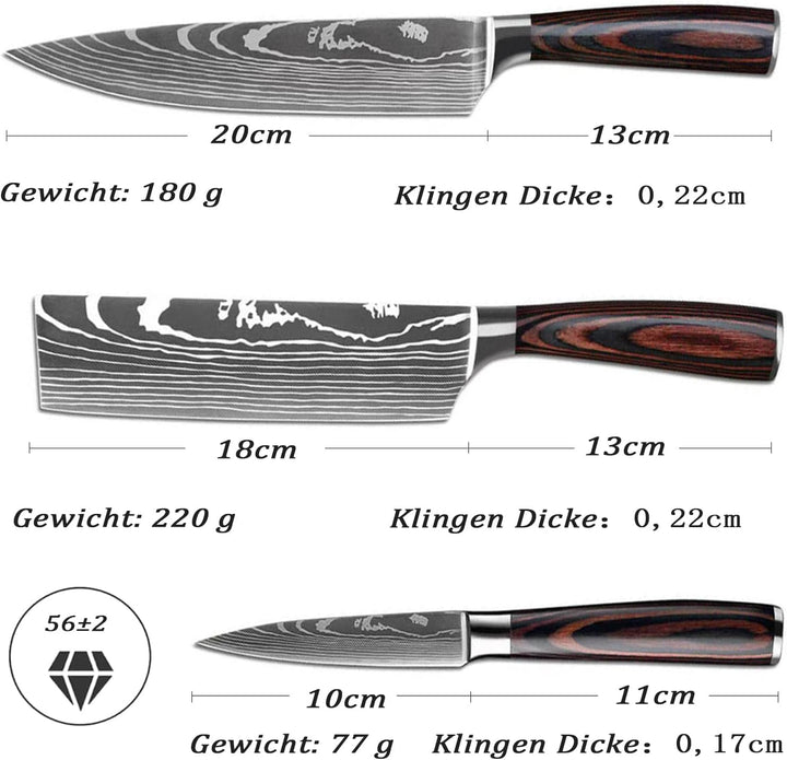 Camkum Küchenmesser Set 3pcs, Kochmesser Set Messerset Scharfe Messer aus EN1.4116-Stahl mit Kochmes