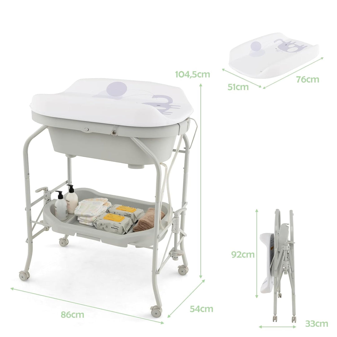 LIFEZEAL Wickeltisch mit Badewanne, 2 in 1 Flatbare Bade-Wickelkombination auf Räder, Badewannenaufs