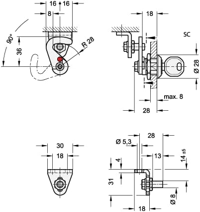 Ganter Normelemente GN 115.8-SC-18-H1-CR-2 Hakenverriegelung, abschliessbar, SC: Betätigung mit Schl