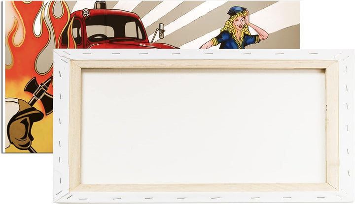 Feuerwehr Illustration Panorama 60x30 cm als Leinwandbild, Motiv fertig gerahmt auf Echtholzrahmen,