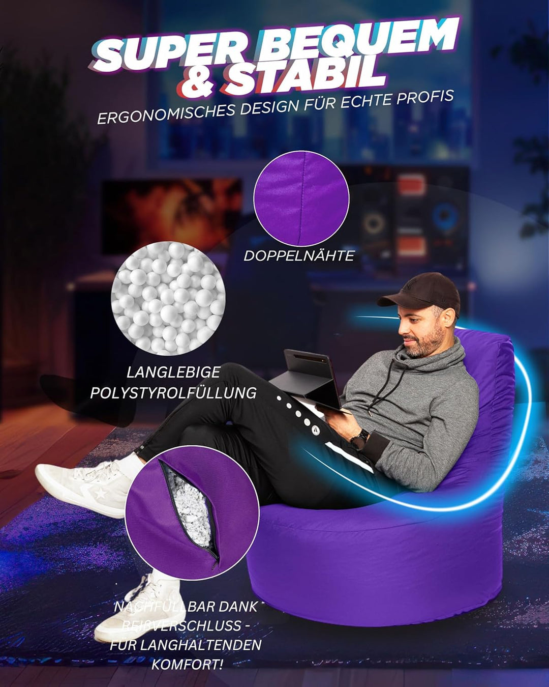 PATCH HOME Gamer Sessel mit Reissverschluss Lounge Kissen Sitzsack Sitzkissen Bean Bag In & Outdoor