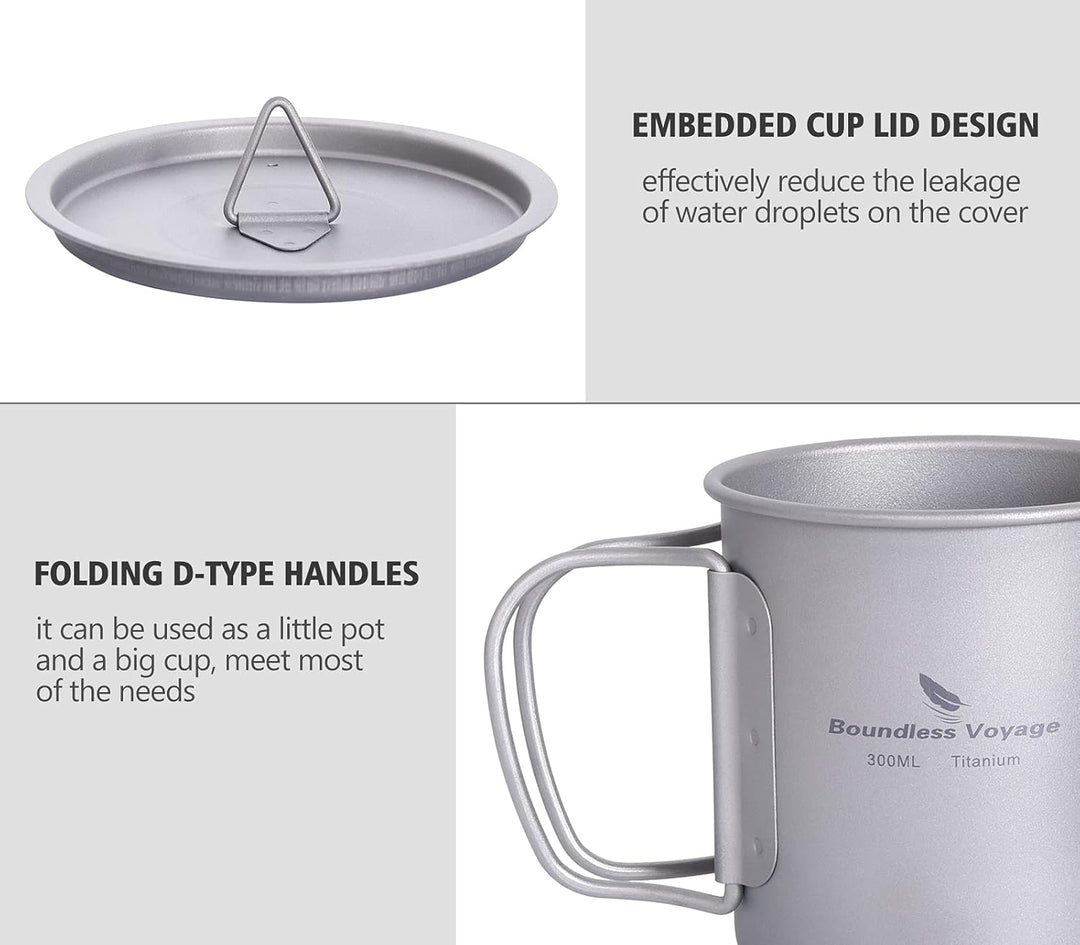 iBasingo 300ml Titan Becher Camping Tasse Outdoor Tee Kaffee Reisebecher mit Deckel & Klappgriff Lei