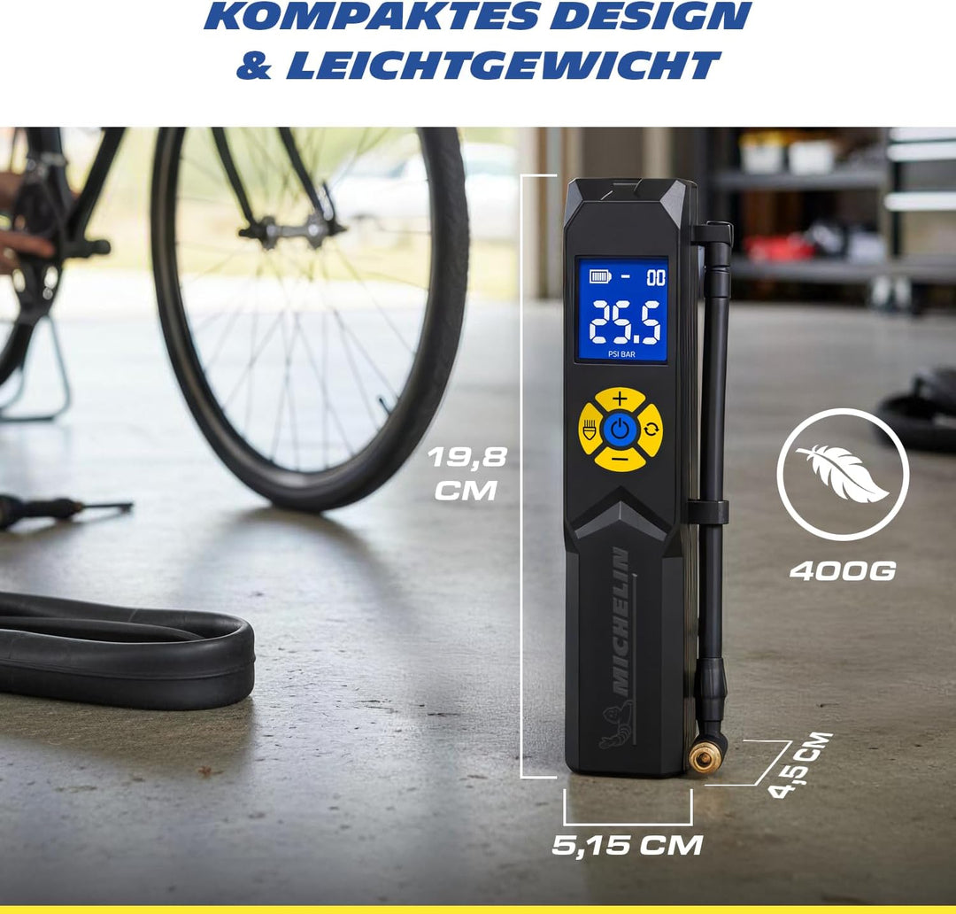 MICHELIN elektrische Fahrradpumpe | Luftpumpe | Akku Mini Kompressor mit LED Licht | 10 Bar/ 150 PSI