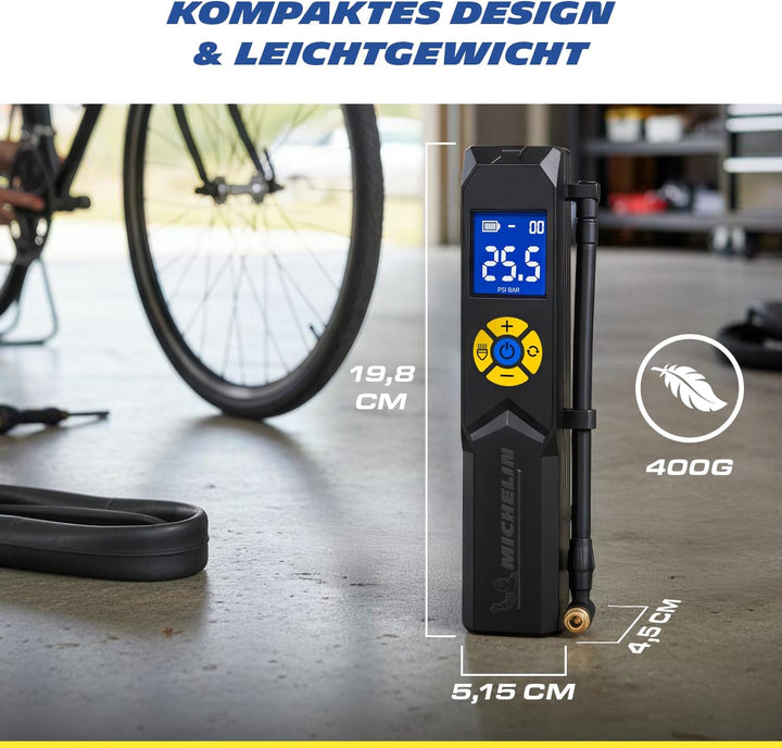 MICHELIN elektrische Fahrradpumpe | Luftpumpe | Akku Mini Kompressor mit LED Licht | 10 Bar/ 150 PSI