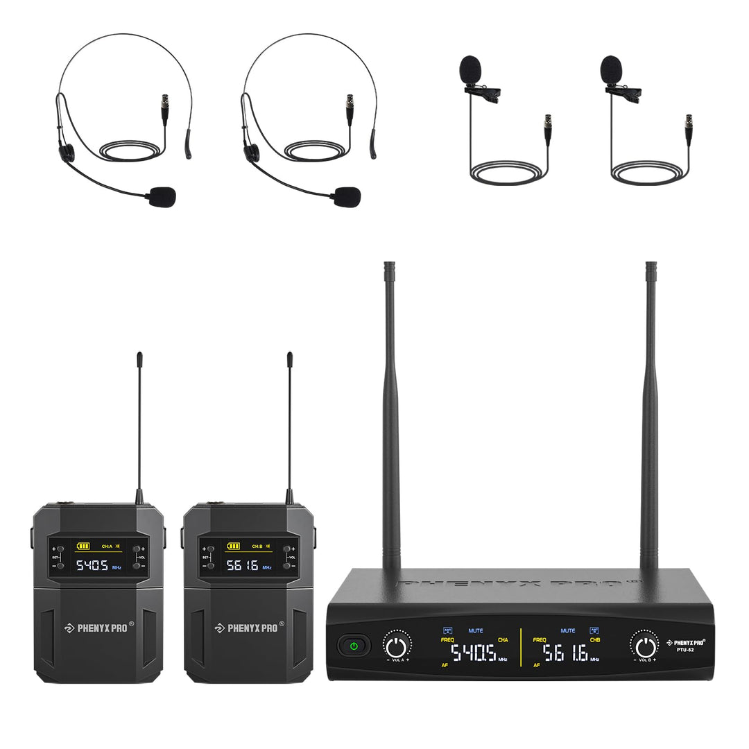 Phenyx Pro UHF Kabelloses Mikrofonsystem mit 2 x 30 abstimmbaren PTU-52-2B | schnurloses Metall-Mikr