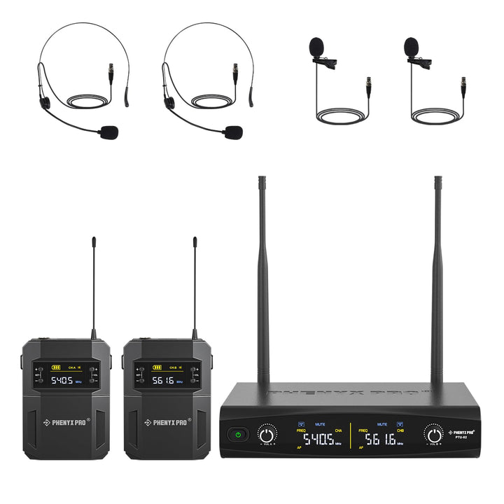 Phenyx Pro UHF Kabelloses Mikrofonsystem mit 2 x 30 abstimmbaren PTU-52-2B | schnurloses Metall-Mikr