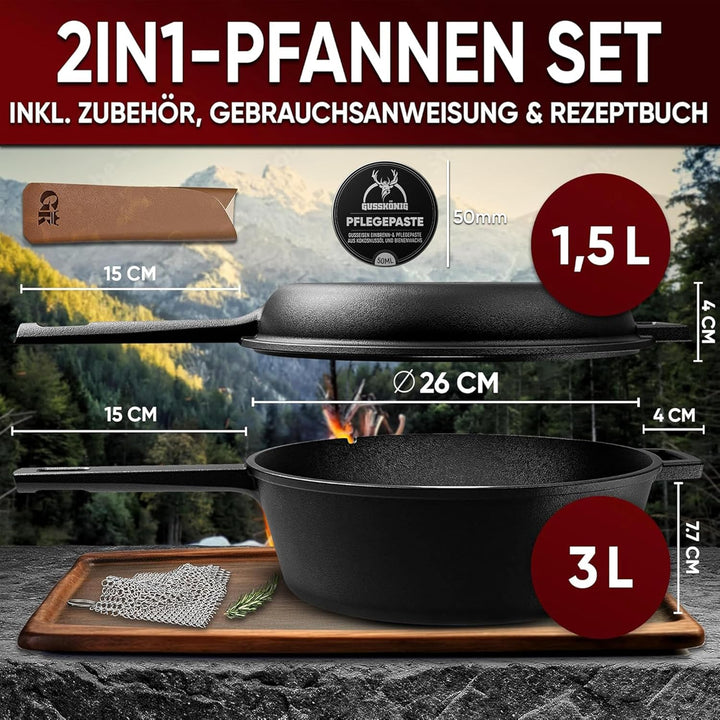 Dutch Oven - 2in1 Eingebrannter Gusseisen Topf 3L & Gusspfanne 1,5L-Cast Iron Pot mit Schmortopf Dop