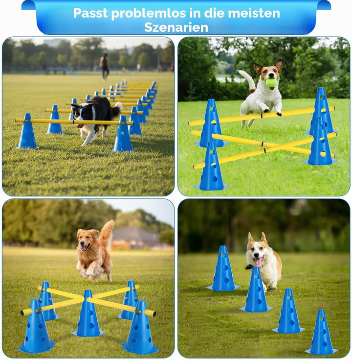 Agility Set Hunde Hürden Steckhürdenset,8 Kegel (24cm)+4 Stangen (81cm) ,Einstellbare Trainingshürde