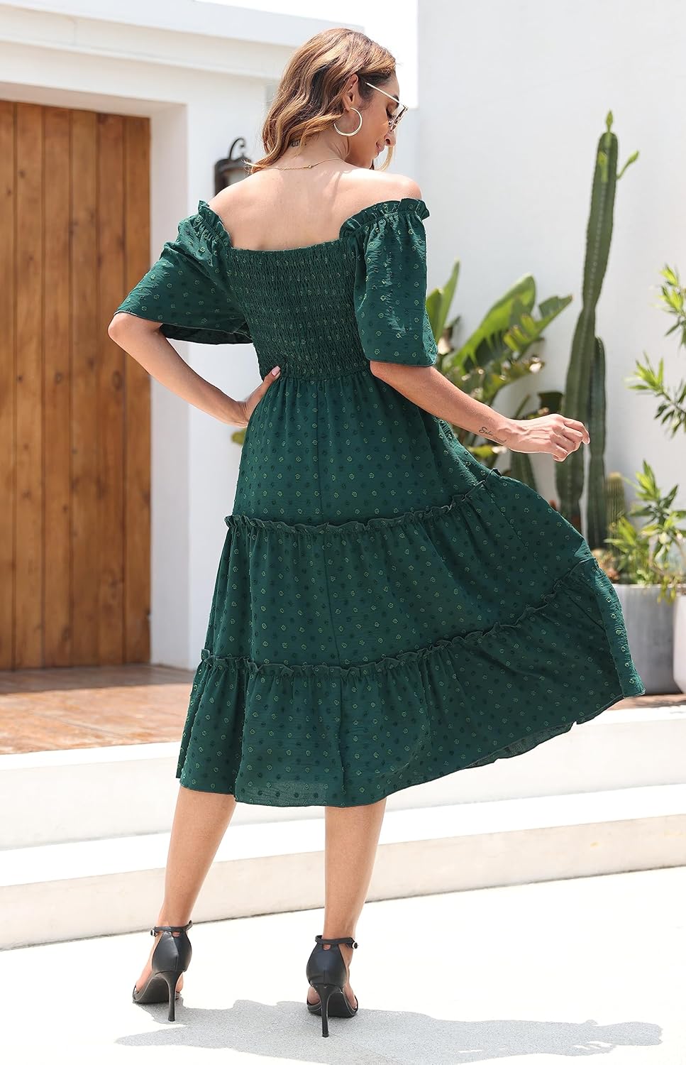 Damen Smocked Midi Kleid Kurzarm U-Ausschnitt Sommerkleid A-Linie Maxikleid Cocktail M Meeresgrün, M