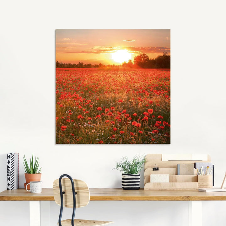 Glasbilder Wandbild Glas Bild einteilig 100x50 cm Querformat Natur Landschaft Blumen Mohnblumen Feld