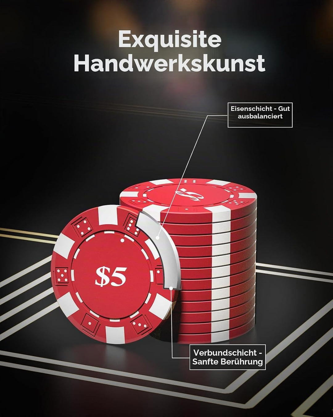 Pokerset, 100 Tragbare Spielchips mit Eisenkern, 11,5g Casino-Qualität, 5 Farben &amp; Spielwerten, für