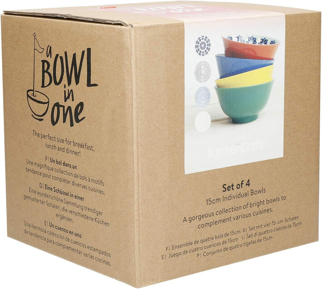 KC BLUE KitchenCraft Patterned Cereal Bowl Set in Gift Box, 4 Ceramic Bowls Ideal for Ice Cream, Sou
