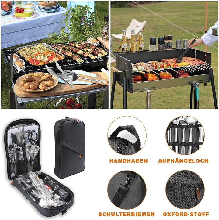 36 Stück Camping Kochutensilien Set, Edelstahl Campinggeschirr Kit mit Organizer Rucksack & 10 Grill