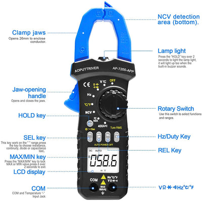 AOPUTTRIVER AP-7200APP Stromzange APP AC/DC ZangenmultimeterTrue-RMS 6000 Counts Messbereich Tester