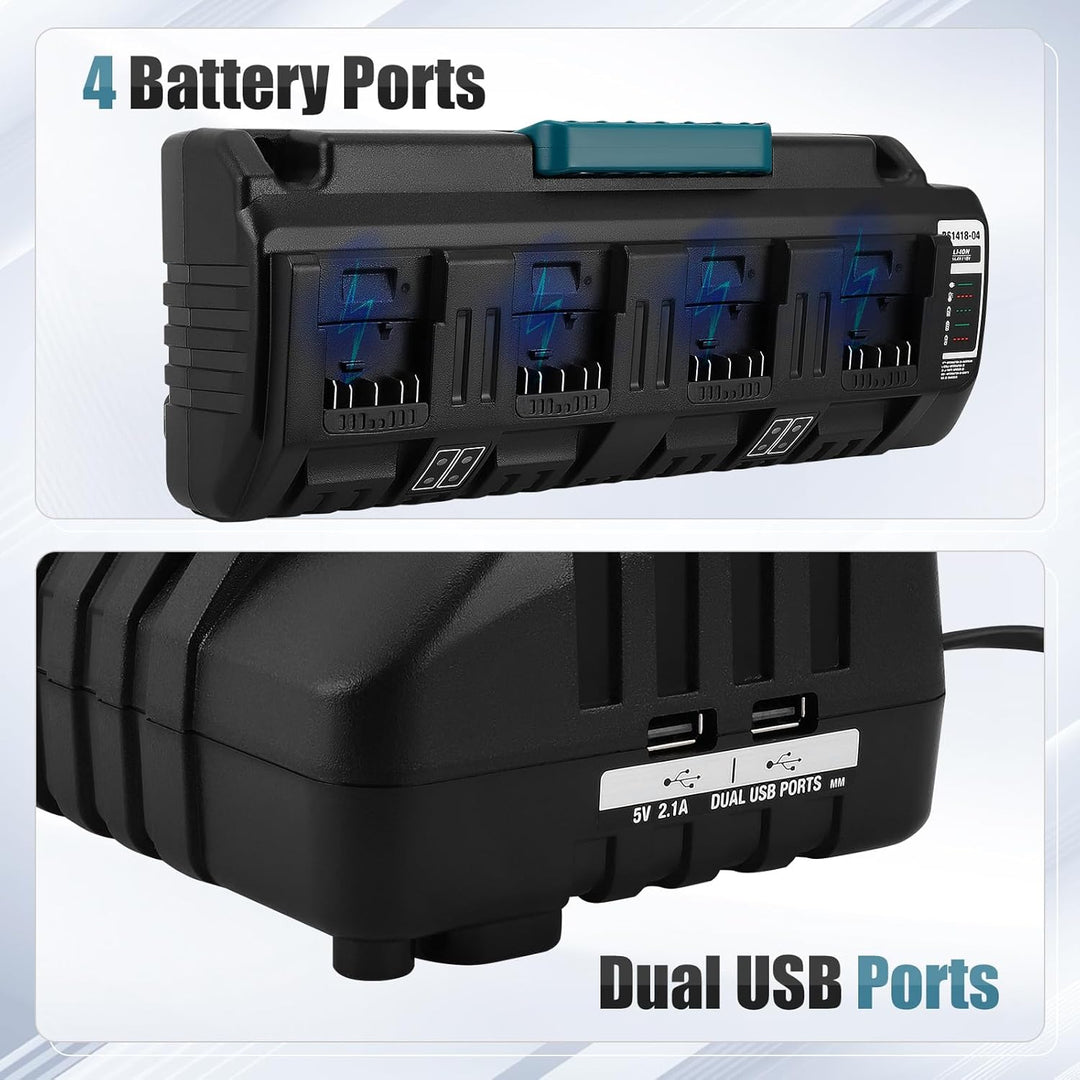 4‑Fach Akku‑Schnellladegerät mit Dual‑USB‑Anschlüssen | Für 14,4V‑18V Lithium‑Ionen‑Akkus, LED‑Anzei
