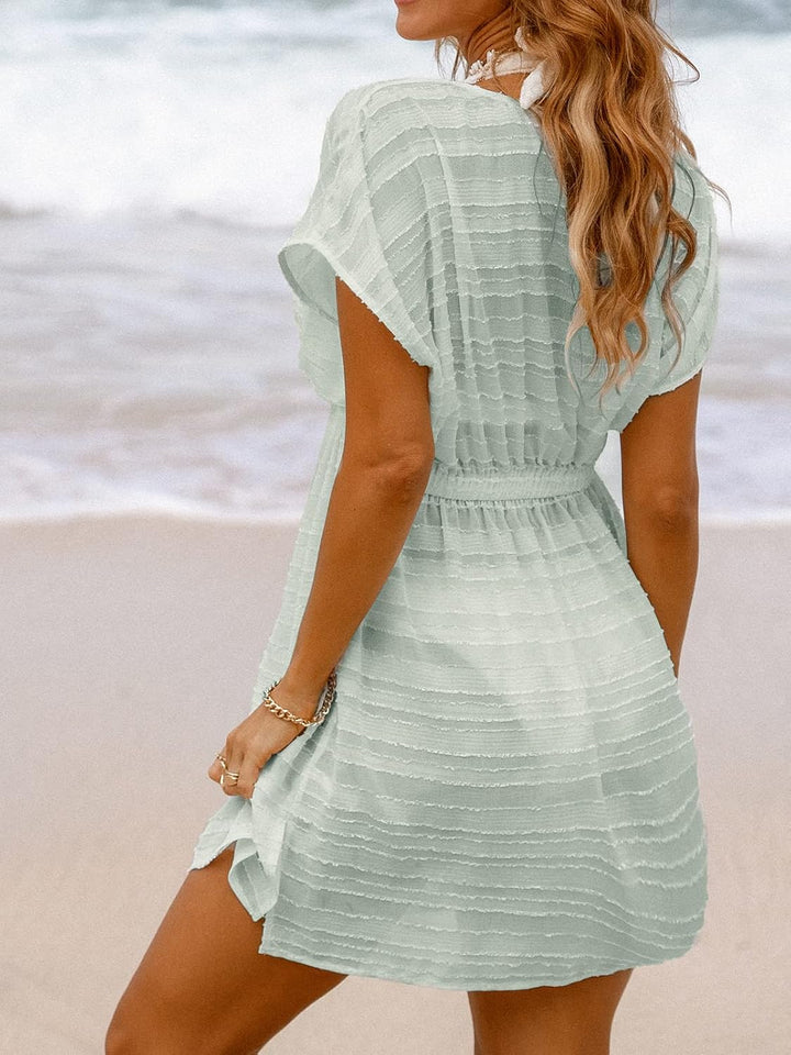 CUPSHE Damen Strandkleid Bikini Cover Up V Ausschnitt Kurzarm Seitenschlitz Streifenmuster Sommer St