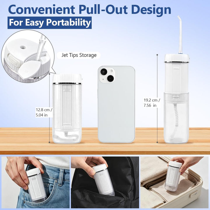 Reise Munddusche Kabellos Elektrisch, Tragbare Water Flosser | mit 175ml Tank 5 Modi, 4 Düsen; IPX7