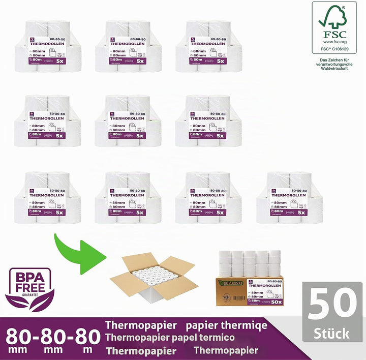 Thermorollen 80mm x 80m x 12mm | Kassenrollen | Bonrollen für Registrierkasse mit Bondrucker | Therm