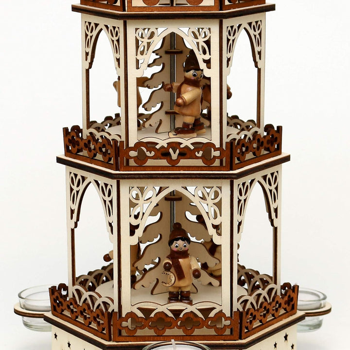 Dekohelden24 Holz Teelichtpyramide in Natur/braun mit 3 Etagen für 3 Teelichte L/B/H: 19 x 16 5 x 42