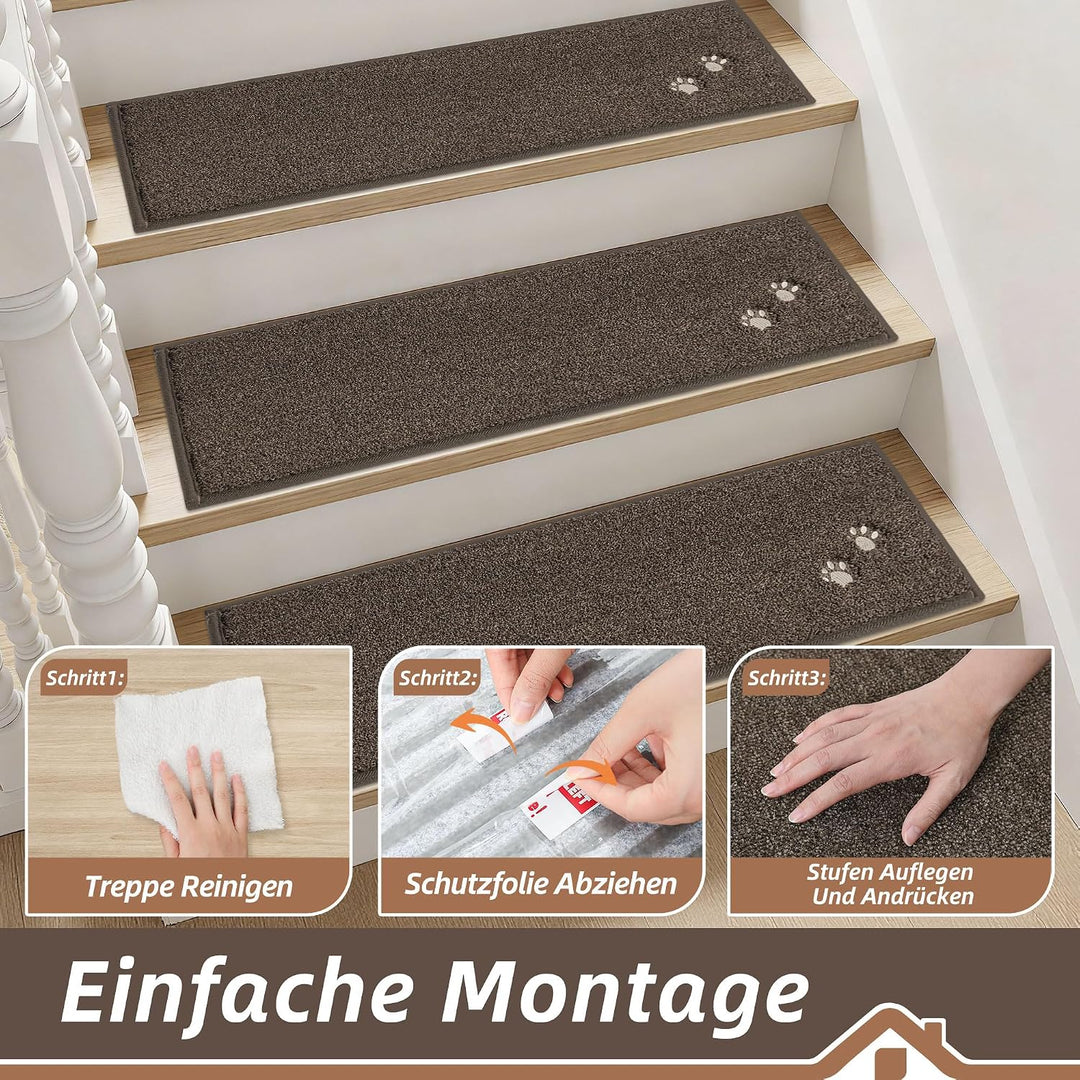 BEQHAUSE Stufenmatten Innen rutschfest, Einfache Montage, Braun, 4 Stück | Maschinenwaschbare Treppe