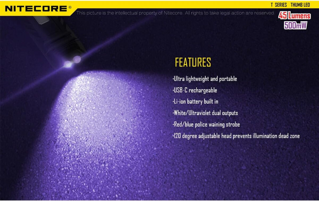 Nitecore THUMB UV - 45 Lumen, über USB aufladbar, Lampenkopf verstellbar, UV-Licht