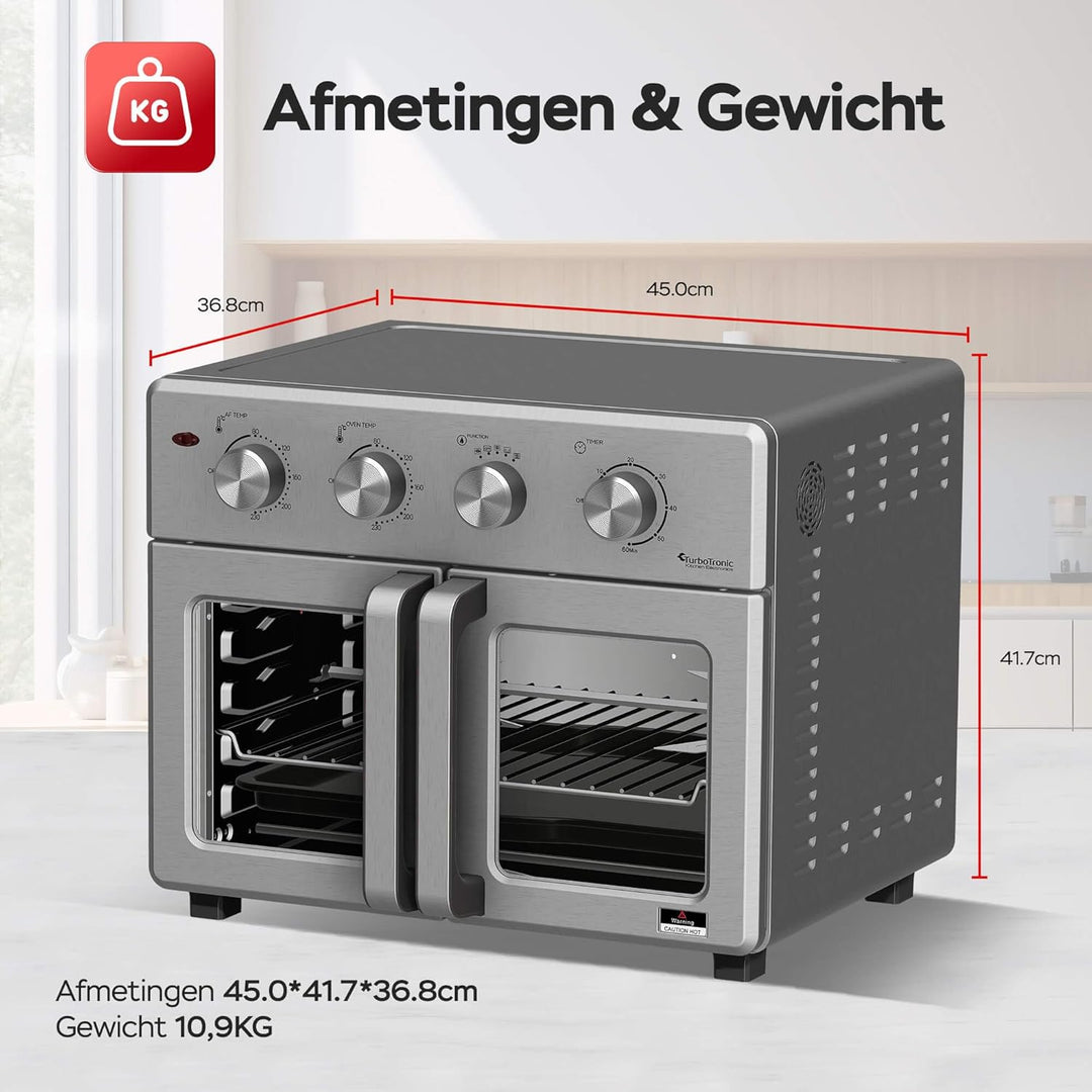 TurboTronic digitaler Heissluftofen - XXL 32 Liter mit Drehspiess für Hähnchen 4in1 Mini Backofen &