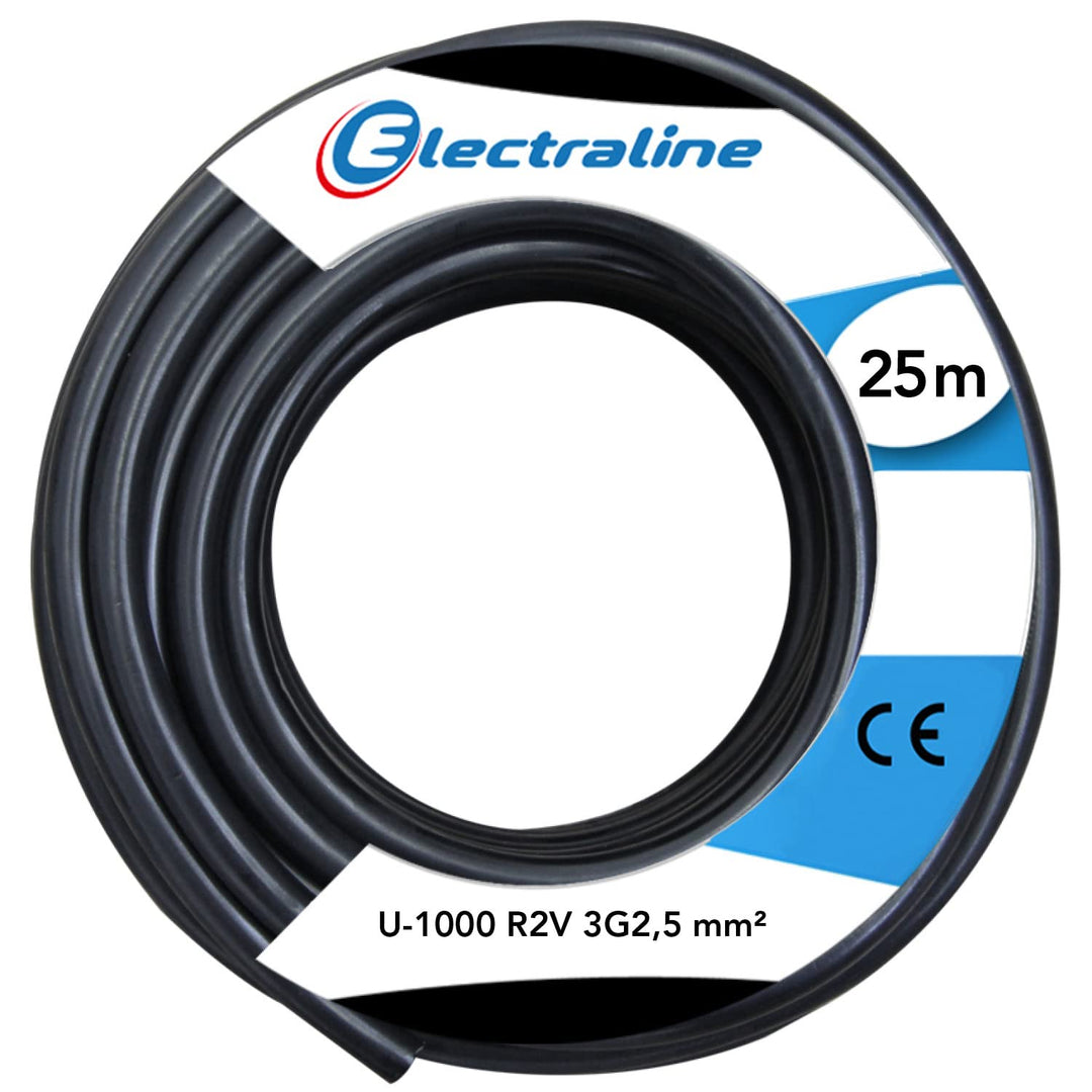 Electraline 20218288D, Kabel U-1000 R2V Abschnitt 3G2,5 mm², Länge 25 m, Schwarz Einzigartig, Einzig