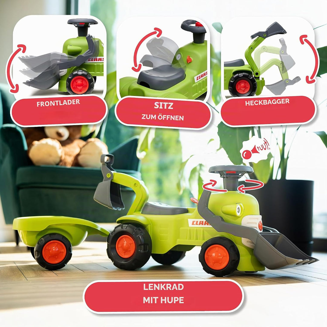 Falk Claas Kindertraktor mit Frontbagger I Rutschauto ab 12 Monaten I aus 90% recyceltem Kunststoff