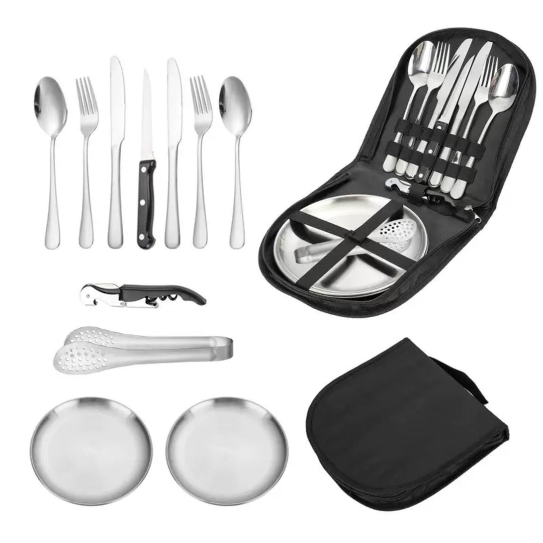 Camping Besteckset 2 Personen, 11 Stück Edelstahl Geschirr Set mit Gabeln, Messer, Löffel, Teller, C