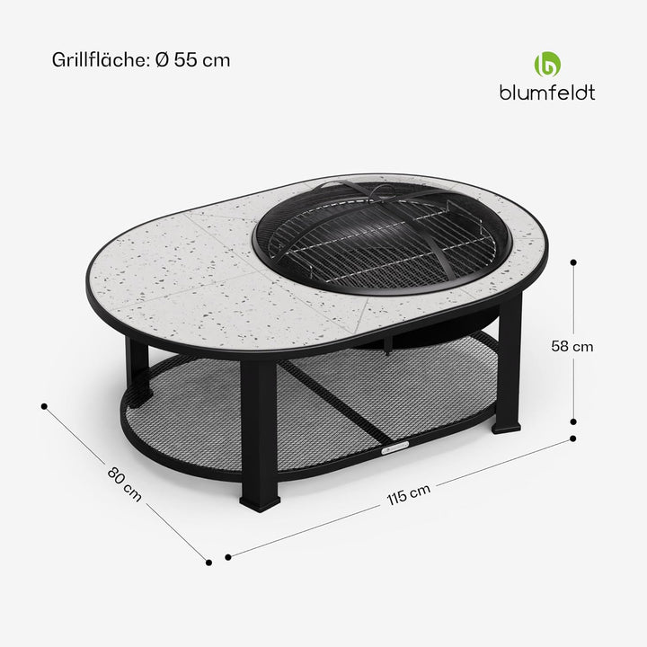 Blumfeldt Merano Circolo L Feuerschale - 3-in-1 Feuerschale mit Grillrost & Tisch, robuster Stahlrah