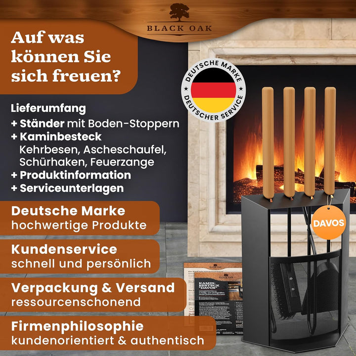 BLACK OAK Kaminbesteck DAVOS 5-teilig - edles & dekoratives Ofenbesteck Set schwarz mit Holzgriff 5