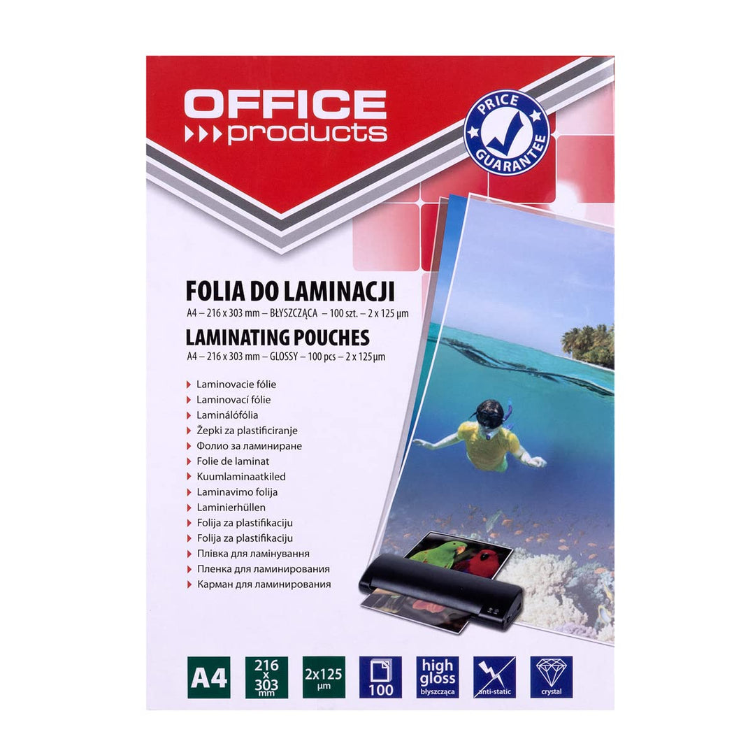 OFFICE PRODUCTS 20325435-90 Laminierfolie A4, 2 x 125 micron, glänzend, 100 Stück, transparent 2 x 1