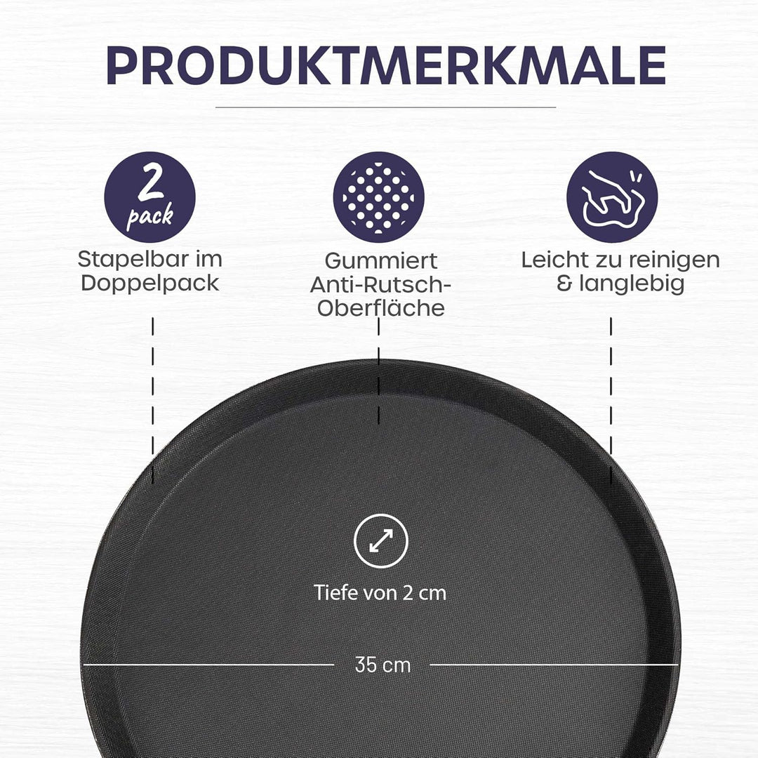 volila Rutschfestes Schwarzes Tablett Serviertablett Rund (2 Stk. à 35 cm) - Rundes Tablett Ideal al