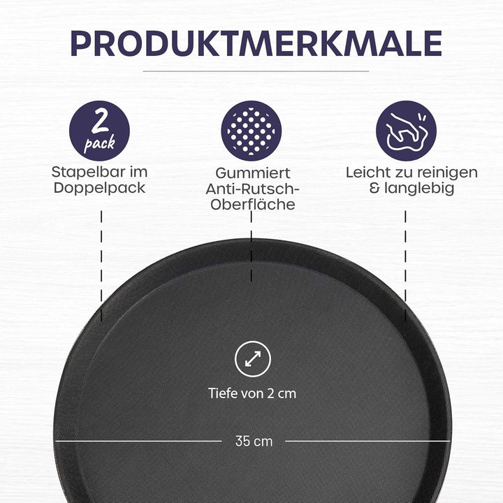 volila Rutschfestes Schwarzes Tablett Serviertablett Rund (2 Stk. à 35 cm) - Rundes Tablett Ideal al