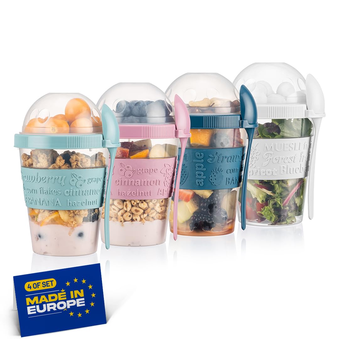 Müslibecher to go mit Löffel, 4er SET 600ml, Praktischer Joghurtbecher to go, Wiederverwendbarer Müs