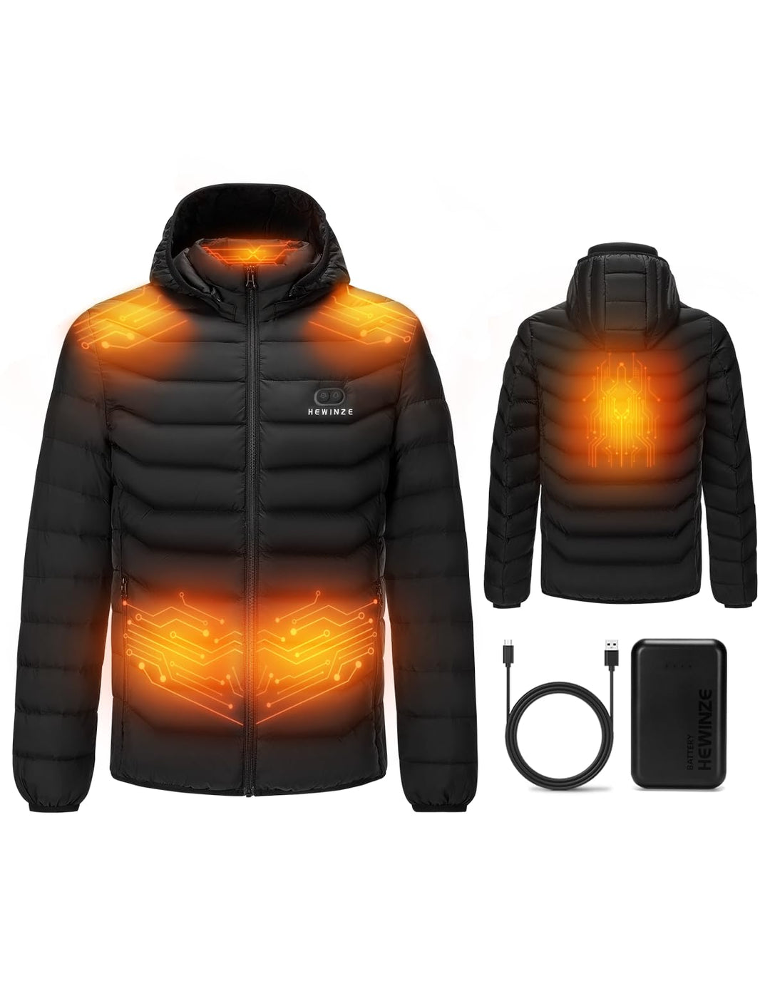 HEWINZE Beheizbare Jacke Herren mit kapuze,Warme Pufferjacke Damen mit akku 7.4V,Doppelschaltersteue