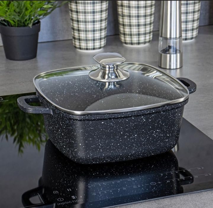 Marmortopf quadratisch 24x24x10cm/ 4,5l, Induktionstopf mit Glasdeckel mit Dampflöchern, für alle He