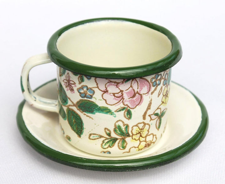 Emaille Tasse mit Untertasse BsB 11/61 Volldekor emailliert 5 cm Kaffeebecher, Volldekor