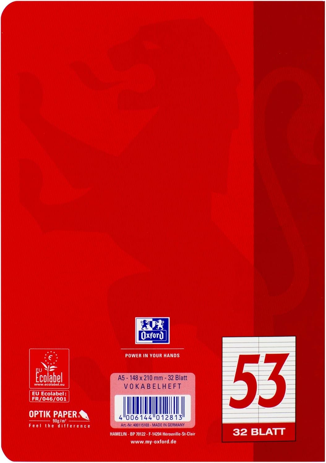 Oxford Vokabelheft, A5, Lineatur 53 (2 Spalten), 32 Blatt, rot, 10 Stück, rot
