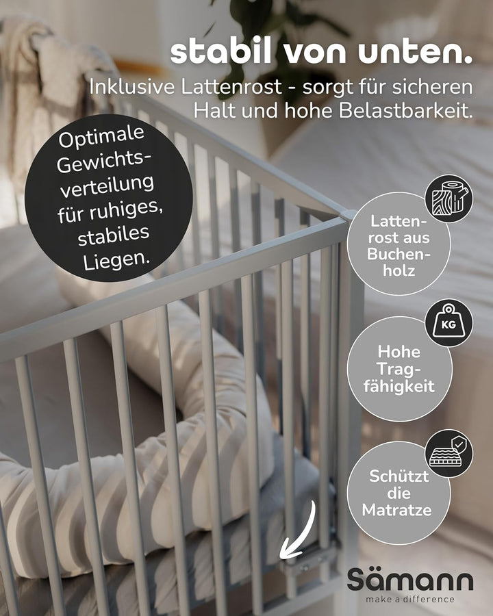 Sämann Baby Laufstall aus Holz I Weiss 75x100 cm I Inkl. Matratze Cloud Air, Lattenrost & 3 Schlupfs