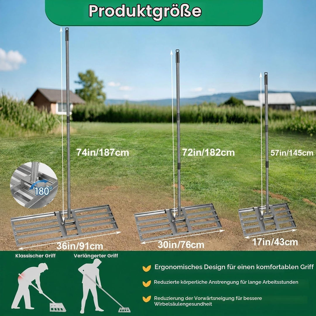 Rasenrakel 43x26 cm Schwerlast, Rasen Nivellierrechen mit glatter Kante und langem Griff, vollversch