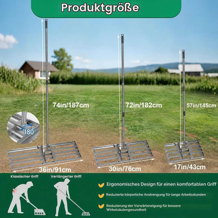 Rasenrakel 43x26 cm Schwerlast, Rasen Nivellierrechen mit glatter Kante und langem Griff, vollversch