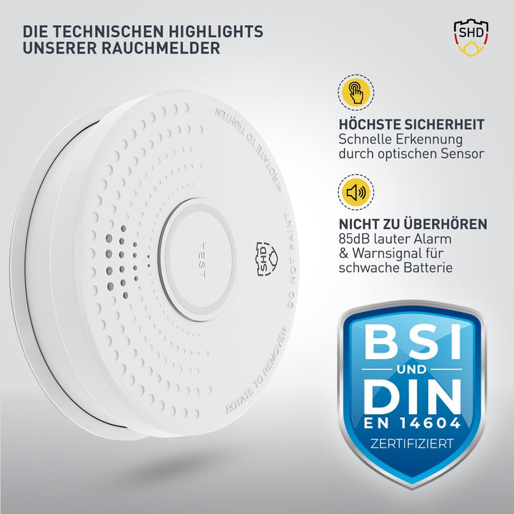 SHD Rauchmelder mit Magnethalterung (12x) Feuermelder | 10-Jahres-Garantie Austauschbare 9V-Batterie