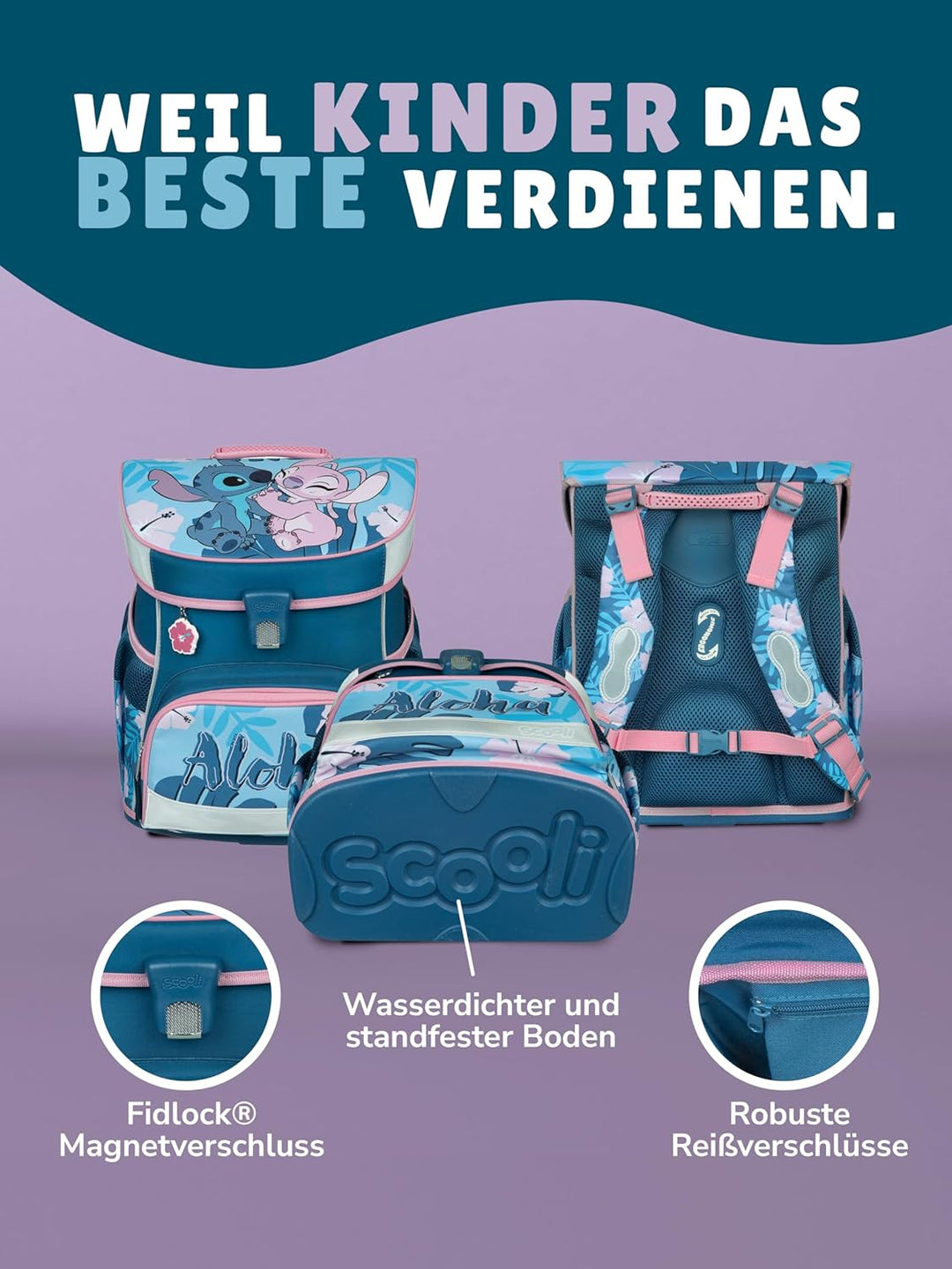 Familando - Scooli Campus Fit Schulranzen Set - 10-teilig mit Schultüte - Disney Stitch - Ergonomisc