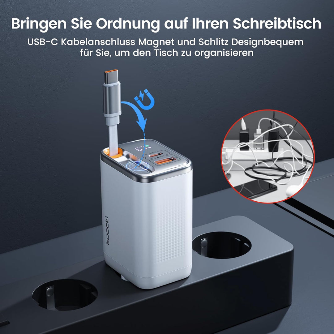 toocki USB C Ladegerät, 3Port GaN Mehrfach Ladegerät mit Schnell Einziehbares Ladekabel,67W USB C Ne