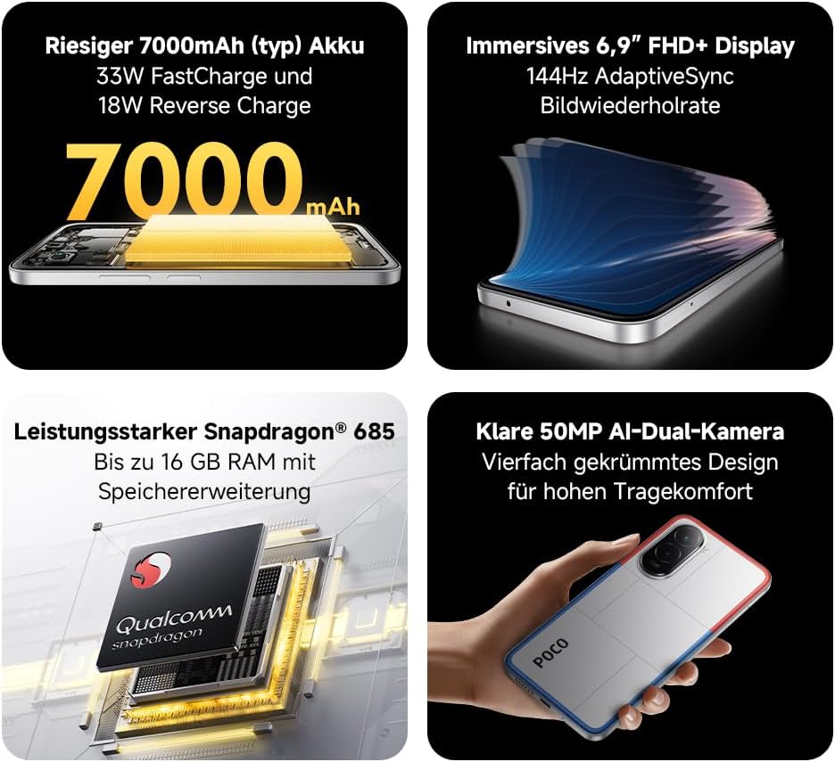XIAOMI Poco M7, Smartphone 6+128GB, 6,9" FHD+ 144Hz Display, Snapdragon 685, 50MP AI-Zweifach-Kamera